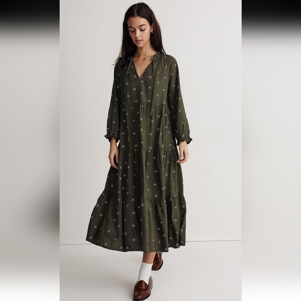 Madewell tie-neck tiered midi dress in stardot, M